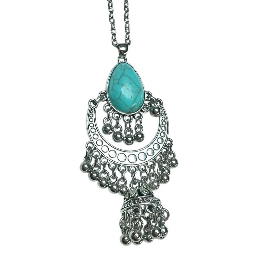 Western Style Faux Turquoise Silver Beaded Tassel Pierced Earrings Necklace Set